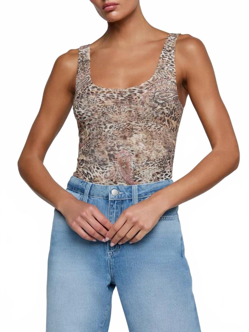 NEW L'AGENCE kalea scoop neck tank bodysuit in valencia leopard